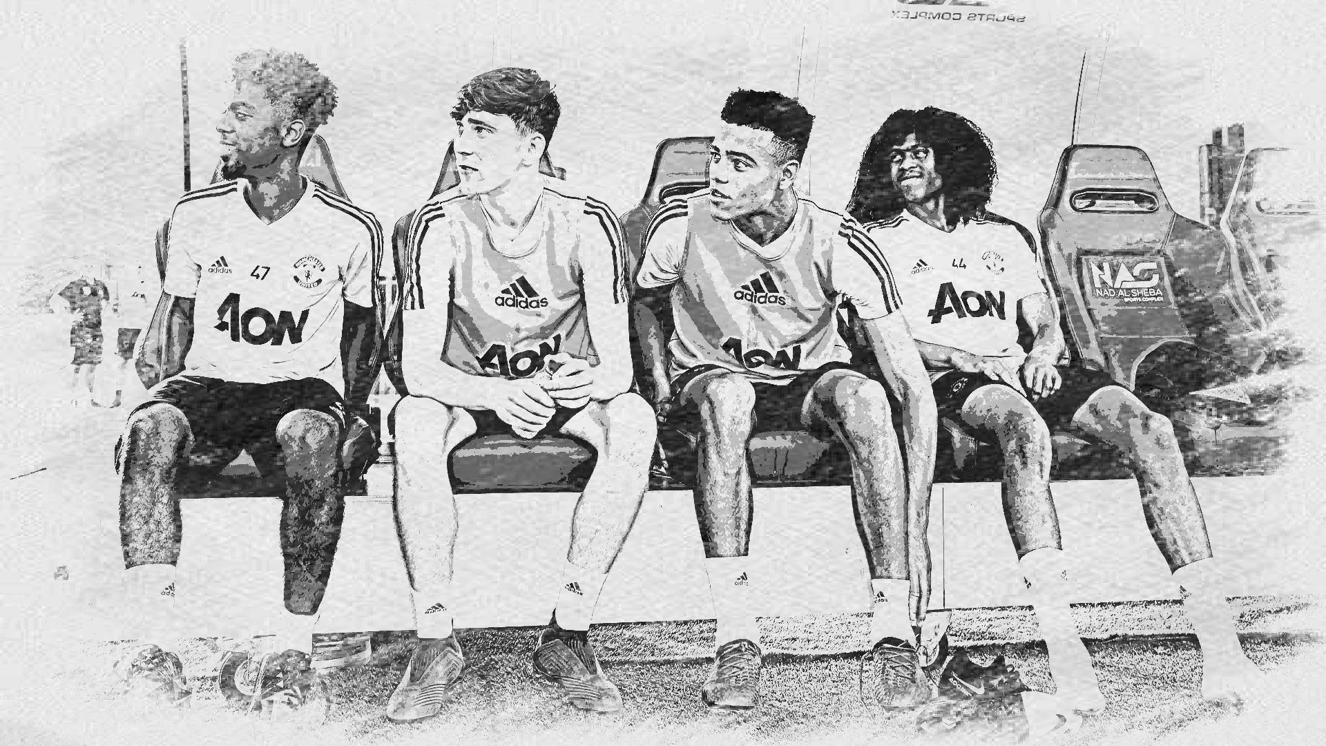 Angel Gomes, James Garner, Mason Greenwood and Tahith Chong sitting on a bench.