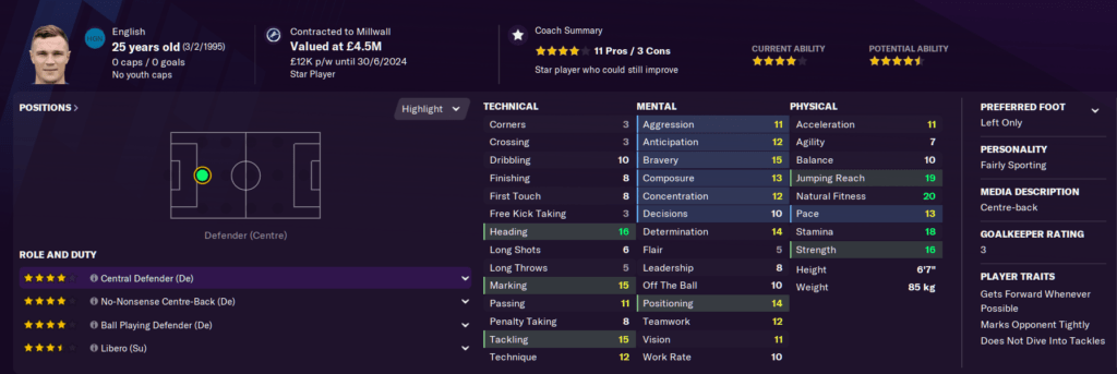 FM20 PLayer view Jake Cooper Millwall