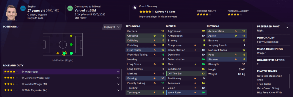 FM20 PLayer view Jed Wallace Millwall